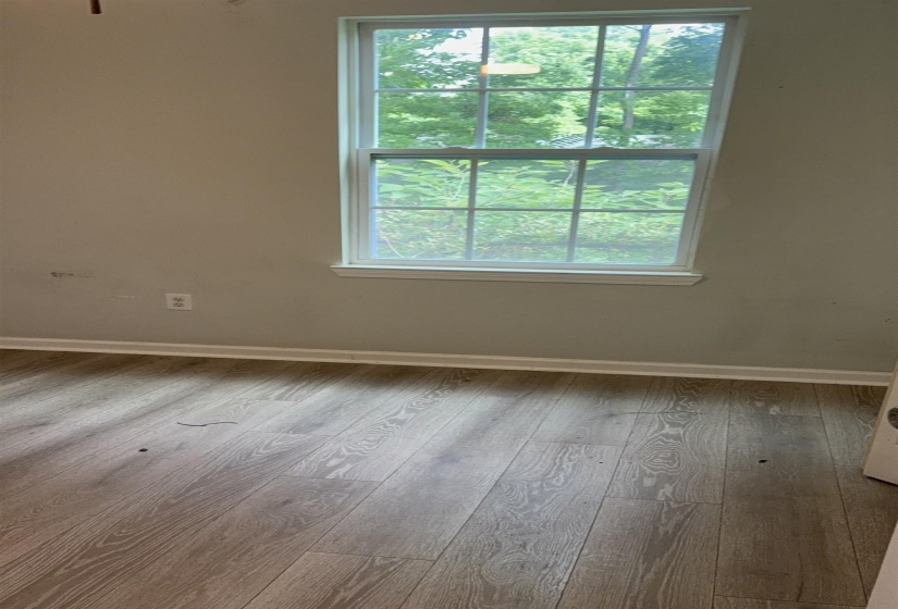 Room featuring a double-hung window with muntins, wood-finish flooring, light gray walls, and white baseboards