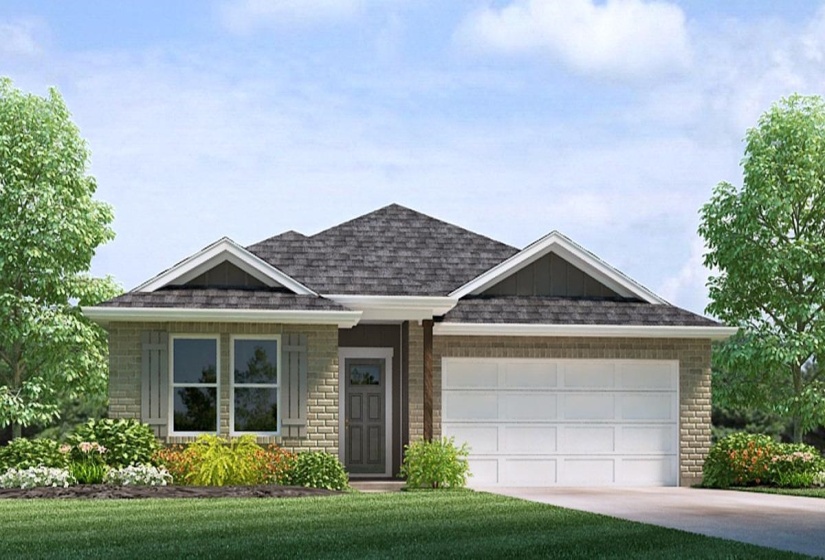 Traditional-style exterior featuring a light brick facade, a charcoal shingle roof, a two-car garage with a panel door, and decorative window shutters