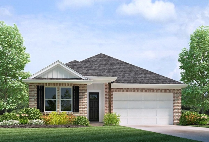 Brick exterior featuring white siding accents and a contrasting dark shingle roof