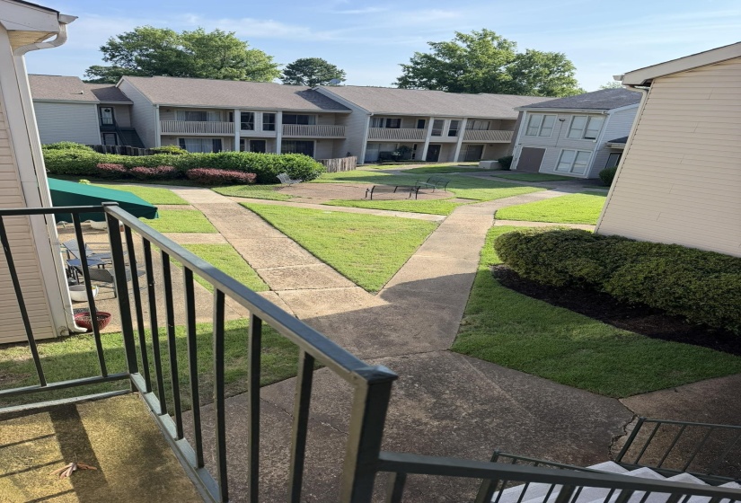 Communal green space featuring manicured lawns and concrete pathways