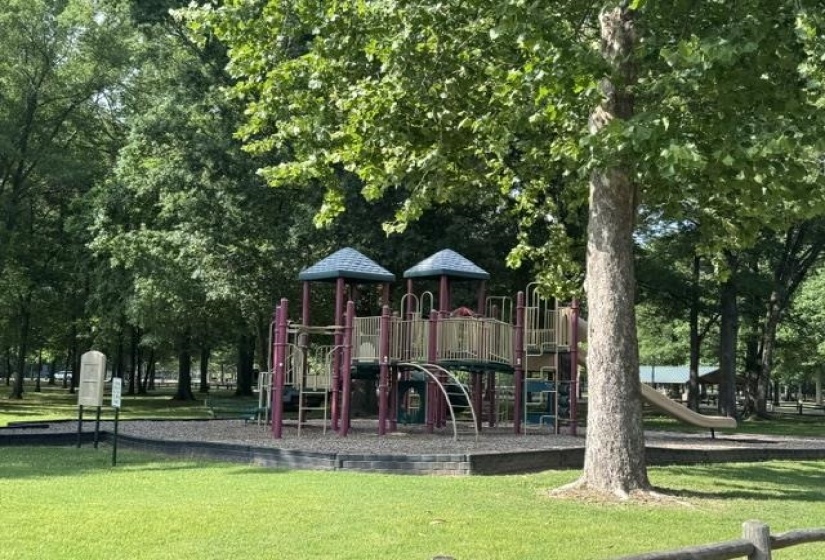 Recreational playground structure featuring multiple slides, climbing elements, and overhead canopies
