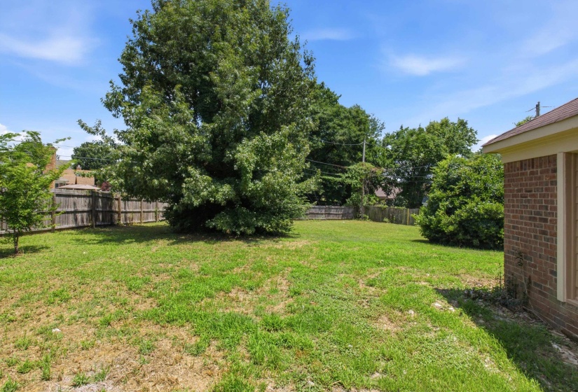 Expansive rear yard featuring a privacy fence, mature trees, and a brick exterior building section with a window