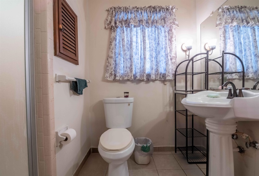 Bathroom featuring a pedestal sink with a dual-handle faucet, a toilet, and a tiled shower stall