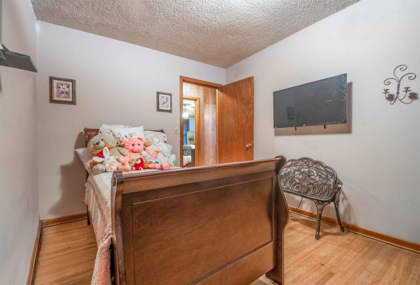 Room featuring wood-finish flooring, a wall-mounted television, and a wood door with light-colored trim