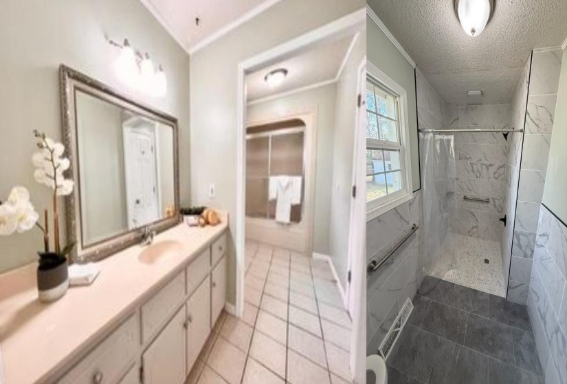 Dual bathroom setup featuring a vanity area with a large framed mirror and an adjacent shower room