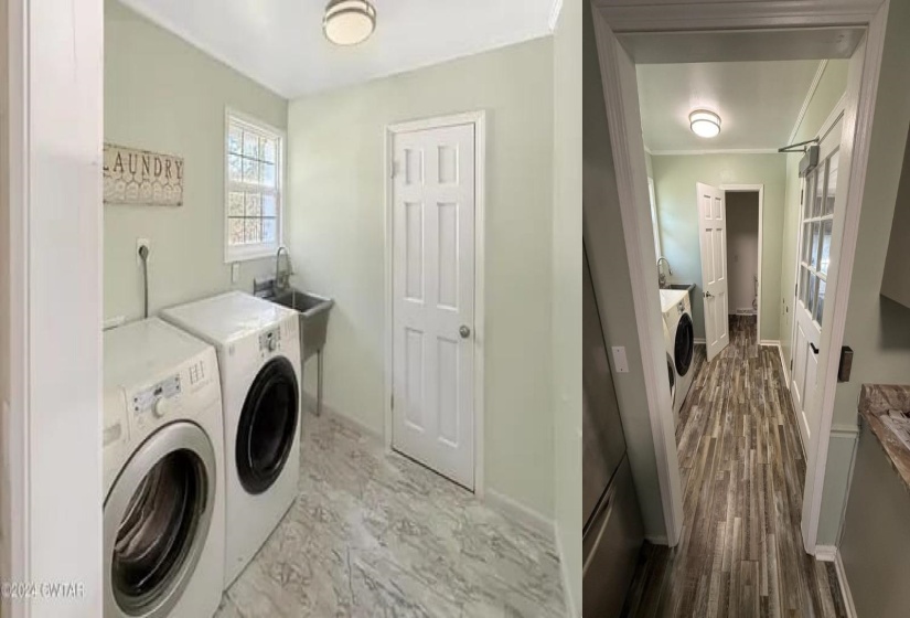 Dedicated laundry area featuring a utility sink, a window, and overhead lighting
