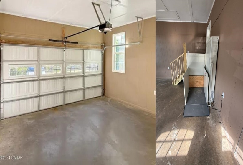 Attached garage featuring a windowed garage door, concrete flooring, and a side window providing natural light