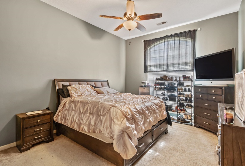 Carpeted room featuring a ceiling fan with light fixture, an arched window with blinds, and light gray wall paint