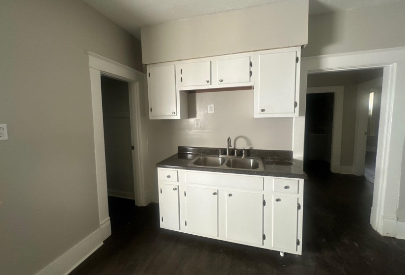 Kitchenette featuring white cabinetry, a double basin stainless steel sink, dark countertop, and dark wood-finish flooring