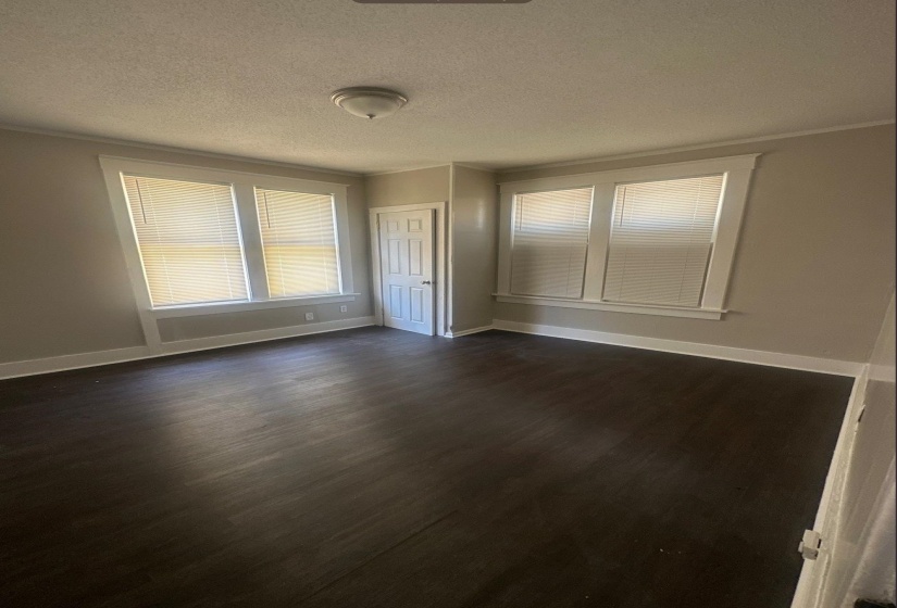 Spacious room featuring dark wood-finish flooring, light neutral-toned walls, multiple windows with blinds, a white paneled door, and a flush-mount ceiling light fixture