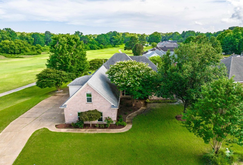 Expansive green landscape with a paved drive, mature trees, and a light-colored brick exterior