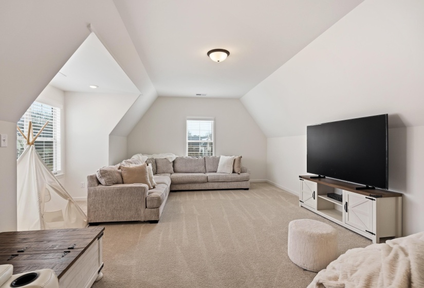 Living area featuring light carpet and lofted ceiling