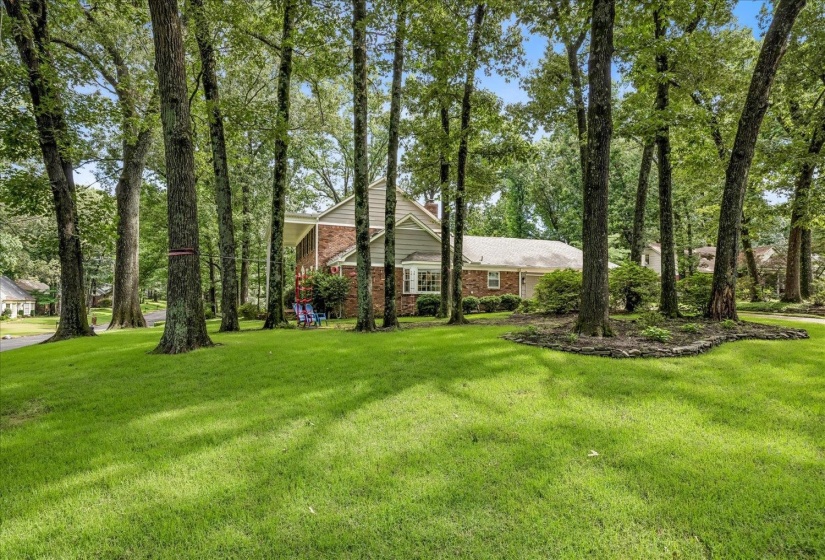 Expansive front yard featuring mature trees and a manicured lawn