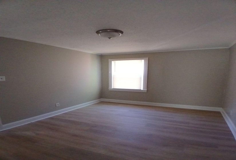 Room featuring neutral wall paint, wood-finish flooring, white trim, a single window, and a ceiling-mounted light fixture