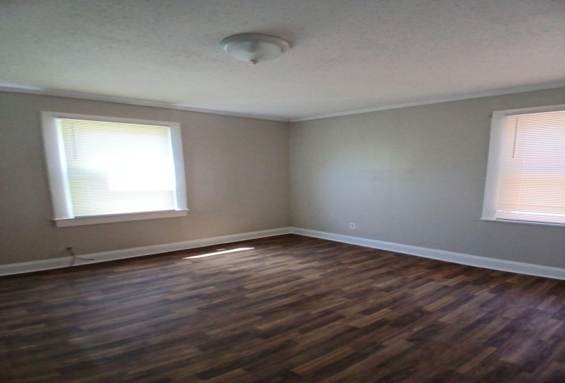 Bedroom featuring wood-finish flooring, two windows with blinds, a ceiling-mounted light fixture, and neutral painted walls