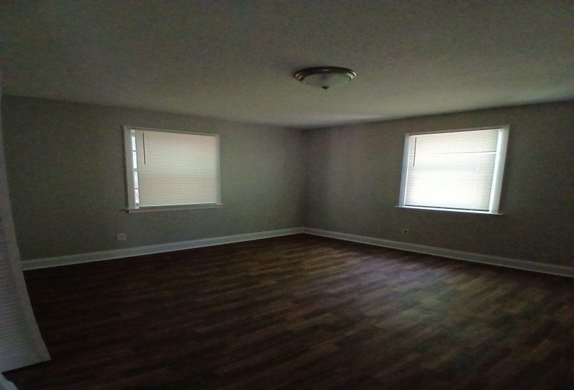 Spacious interior room featuring dark wood-finish flooring, two windows with blinds, and a flush-mount ceiling light fixture