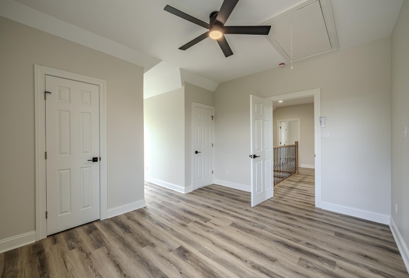 Spacious room featuring wood-finish flooring, light gray wall paint, and white trim