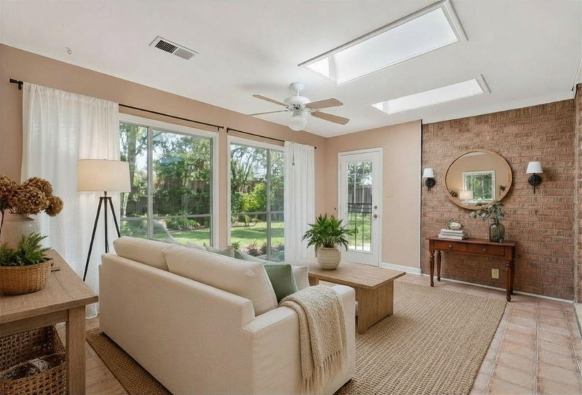 Relaxing Sunroom with scenic views of the rear grounds - a cozy year-round retreat. Virtually staged photo.