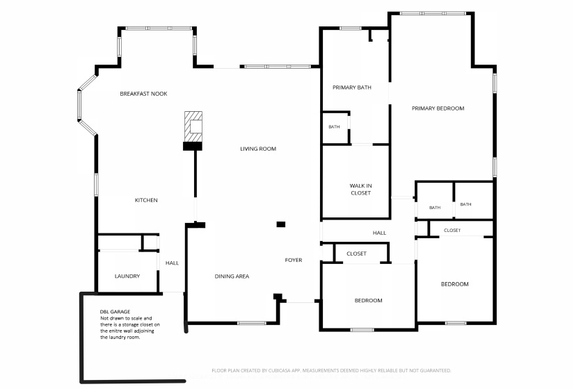 FLOORPLAN – Thoughtfully designed one-level floor plan featuring a spacious living room open to the kitchen and breakfast nook, split-bedroom layout for added privacy, generous primary suite with large bath and walk-in closet, plus side-entry dbl garage.