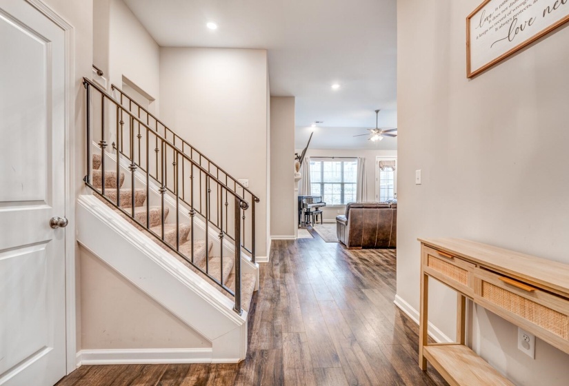 Foyer with dark wood-style floors, recessed lighting, and a ceiling fan
