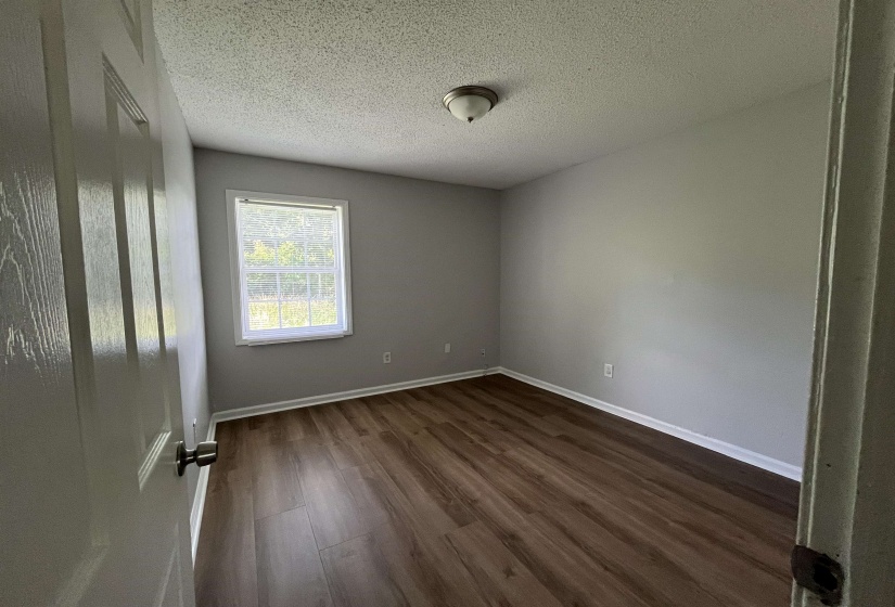 Spacious room featuring wood-finish flooring, light grey painted walls, white baseboards, and a single window with white trim