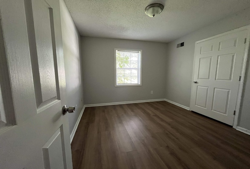 Room featuring wood-finish flooring, a window with natural light, a ceiling-mounted light fixture, white trim, and a paneled door