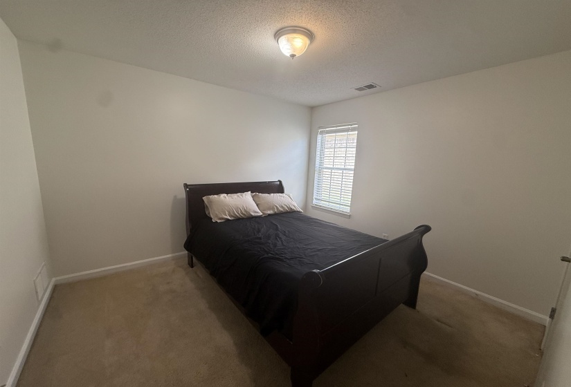 Carpeted room featuring a single window with blinds, a ceiling-mounted light fixture, and neutral-toned walls
