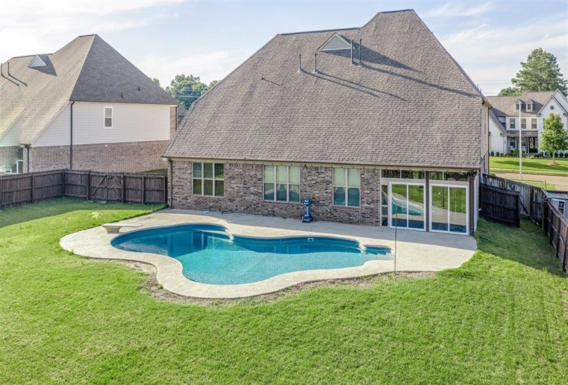 Backyard featuring a freeform swimming pool, concrete patio, and fenced perimeter