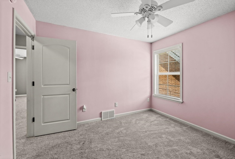 Room featuring textured pink walls and gray carpet flooring
