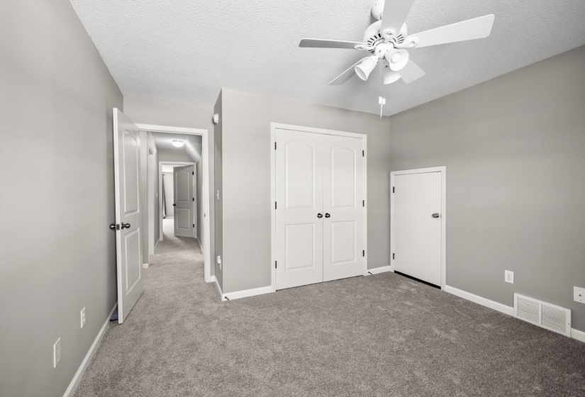 Neutral-toned room featuring light gray walls and plush gray carpeting
