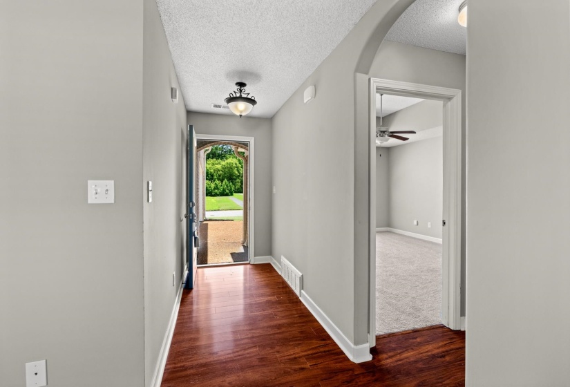 Entryway featuring wood-finish flooring, light gray wall paint, and a decorative flush-mount ceiling light