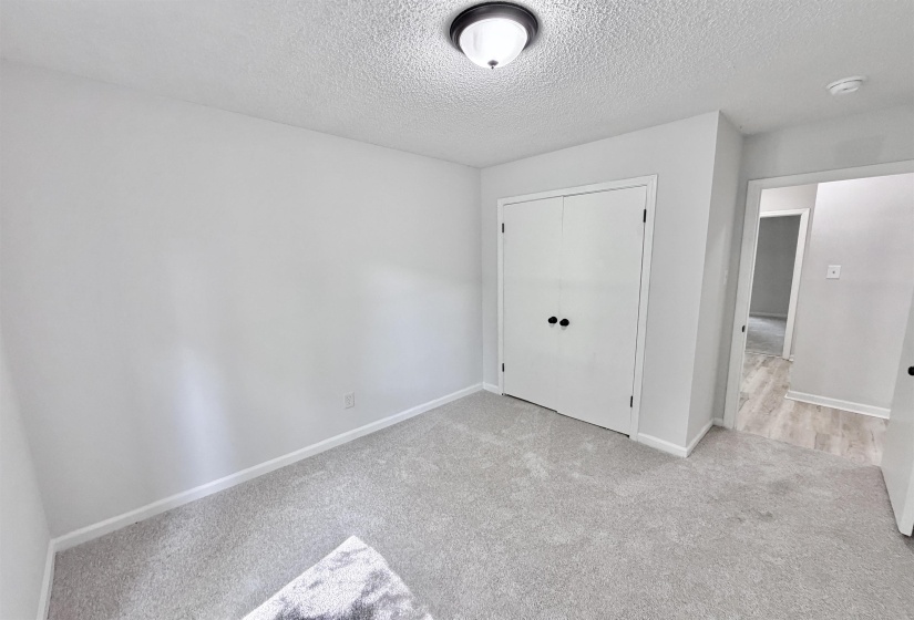 Light gray carpeted room with white walls, a flush-mount ceiling light, and a double-door closet with black hardware