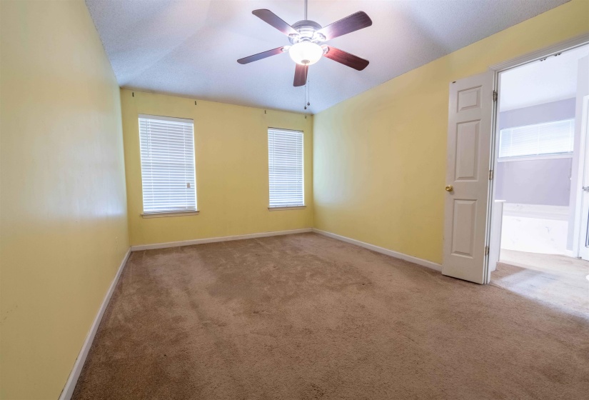 Carpeted interior space featuring a ceiling fan with integrated lighting, two windows with blinds, and a white paneled door opening to an adjacent room with a built-in tub
