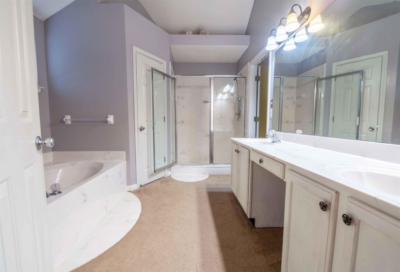 Bathroom featuring a built-in soaking tub with a white surround, a glass-enclosed shower, a double vanity with white cabinetry, and a large wall-mounted mirror