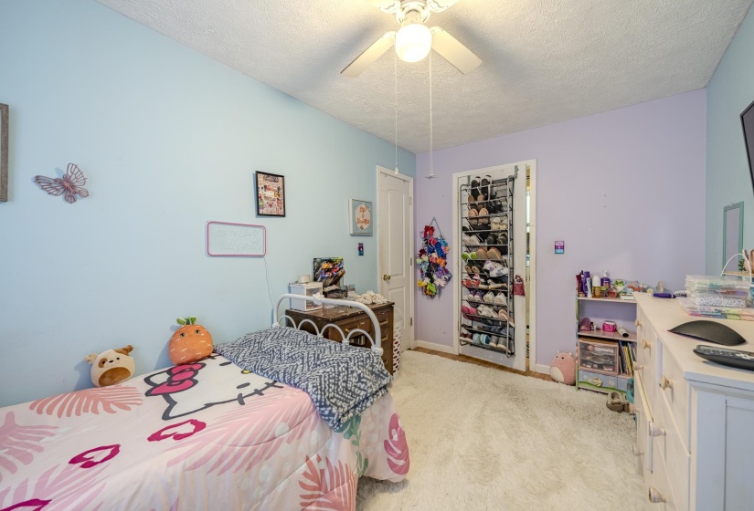 Carpeted interior room featuring a ceiling fan with light, white trim, and a white door