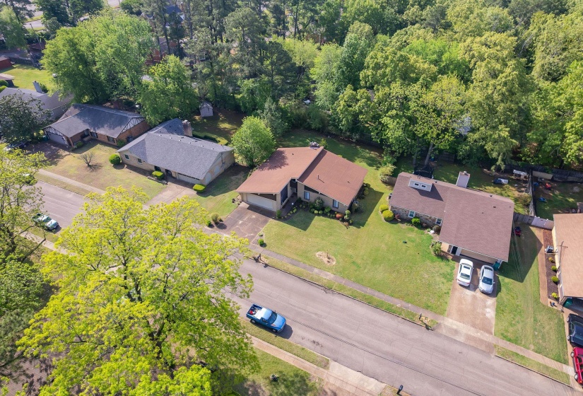 Aerial perspective showcasing multiple residential properties surrounded by mature trees