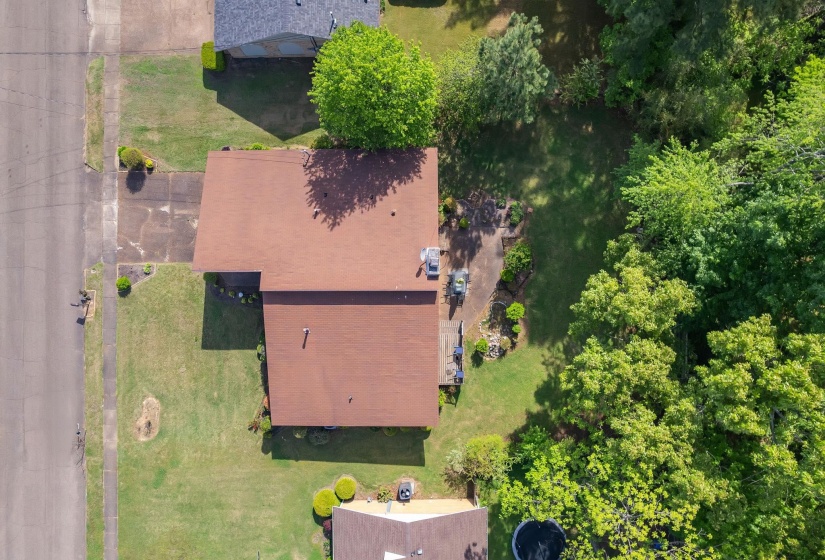 Expansive property featuring a brown shingle roof, lush green lawn, and mature trees