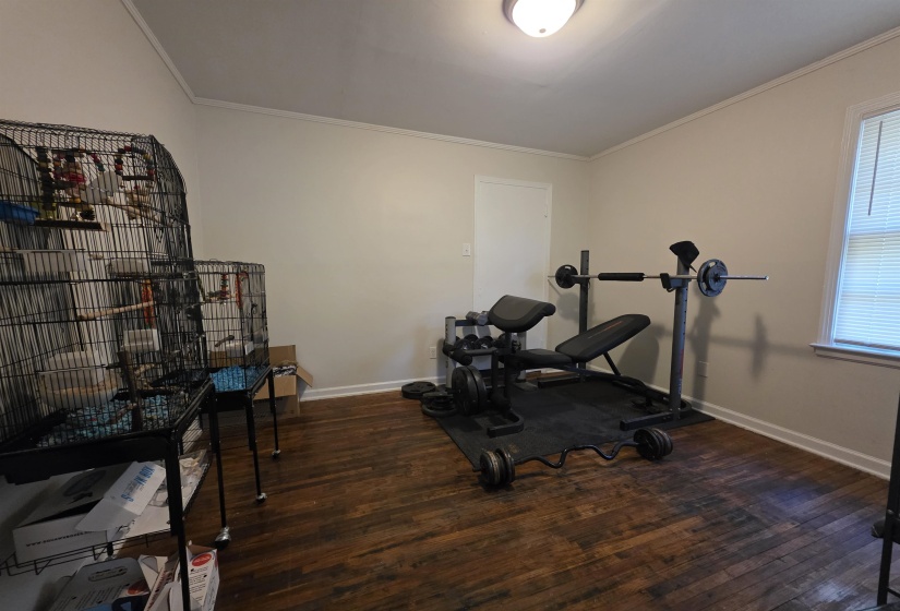 Spacious room featuring wood-finish flooring, light-toned walls, and white trim