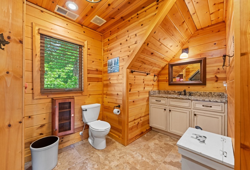 Wood-paneled interior featuring a white vanity with a stone countertop, built-in mirror, and wall-mounted light fixture