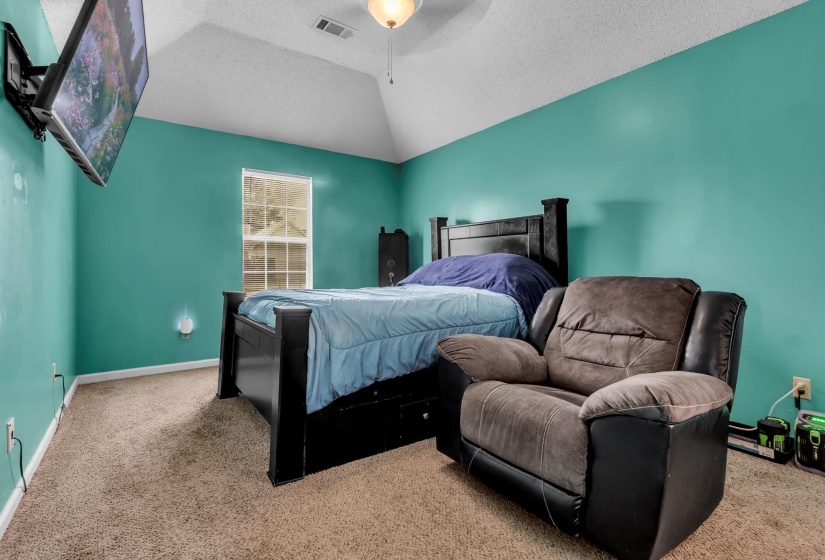 Room featuring a vaulted ceiling with a central light fixture, wall-to-wall carpeting, and a window providing natural light