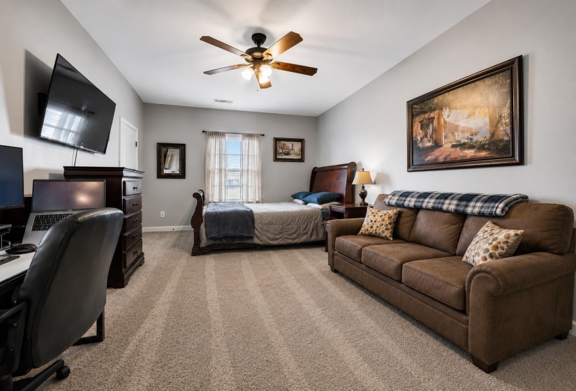 Carpeted room featuring a ceiling fan with integrated lighting, a window with blinds, and light-toned walls