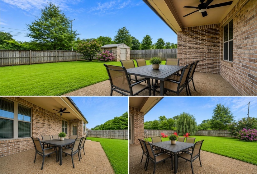 Property Exterior. Depicting the patio area, backyard, and a storage structure on the property