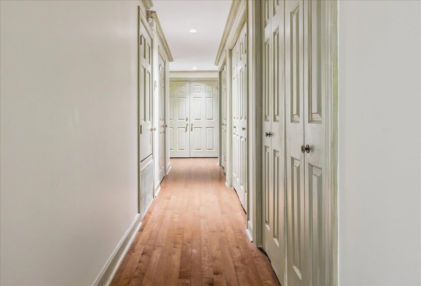 Hallway featuring wood-finish flooring, recessed lighting, and multiple paneled doors with dark hardware