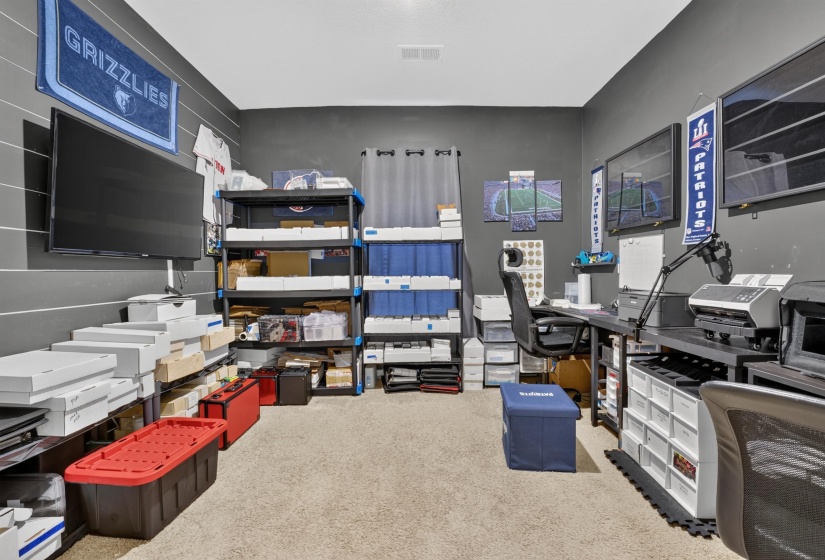 Versatile interior space featuring neutral carpeting, dark gray walls, and an integrated wall-mounted television