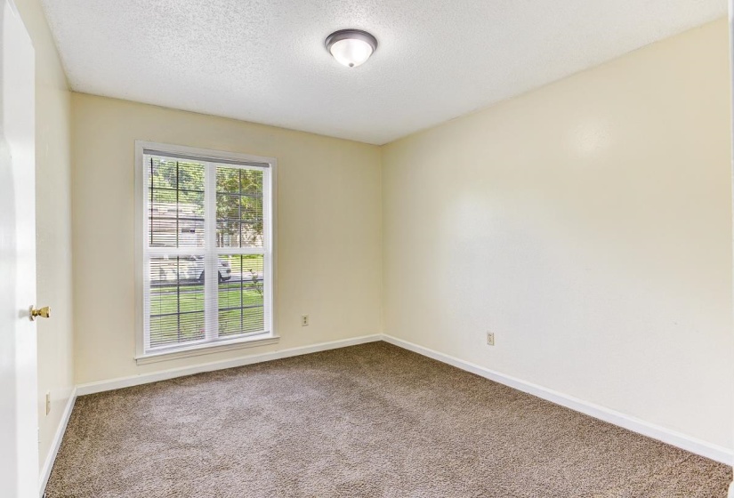 Room featuring a double-hung window with grid patterns, neutral beige walls, brown carpeting, and a flush-mount ceiling light fixture