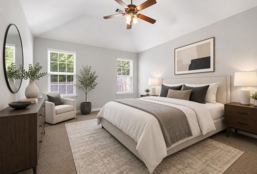 Vaulted ceiling featuring a ceiling fan, two windows with blinds, and neutral carpeting