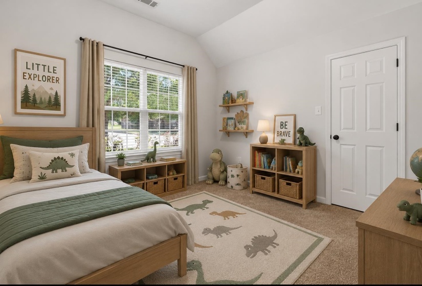 Carpeted room featuring a double-paned window with blinds, light-colored walls, and a paneled door