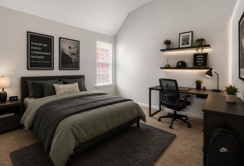 Bedroom featuring a vaulted ceiling, single window with blinds, and carpeted flooring