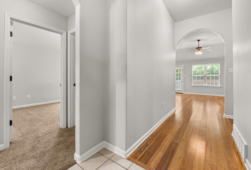 Hallway featuring wood-finish flooring, an arched entryway, and light gray wall paint