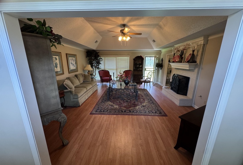Living area featuring wood-finish flooring, a vaulted ceiling, and a ceiling fan